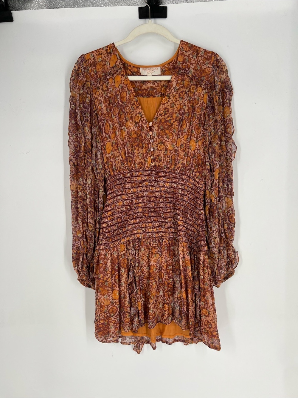 Rococo Sand Rust Gold Paisley V Neck Drop Waist Long Sleeve Chiffon Mini Dress S